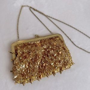 Gold beaded clutch. Evening bag with chain. Never used, great condition